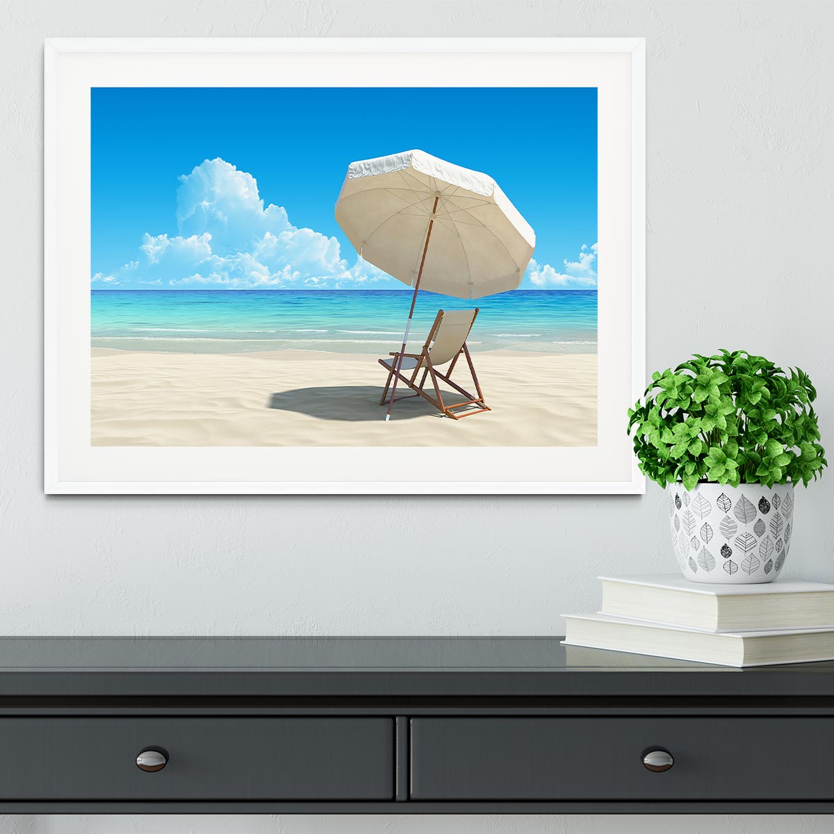 Beach chair and umbrella on idyllic tropical sand beach Framed Print - Canvas Art Rocks - 5
