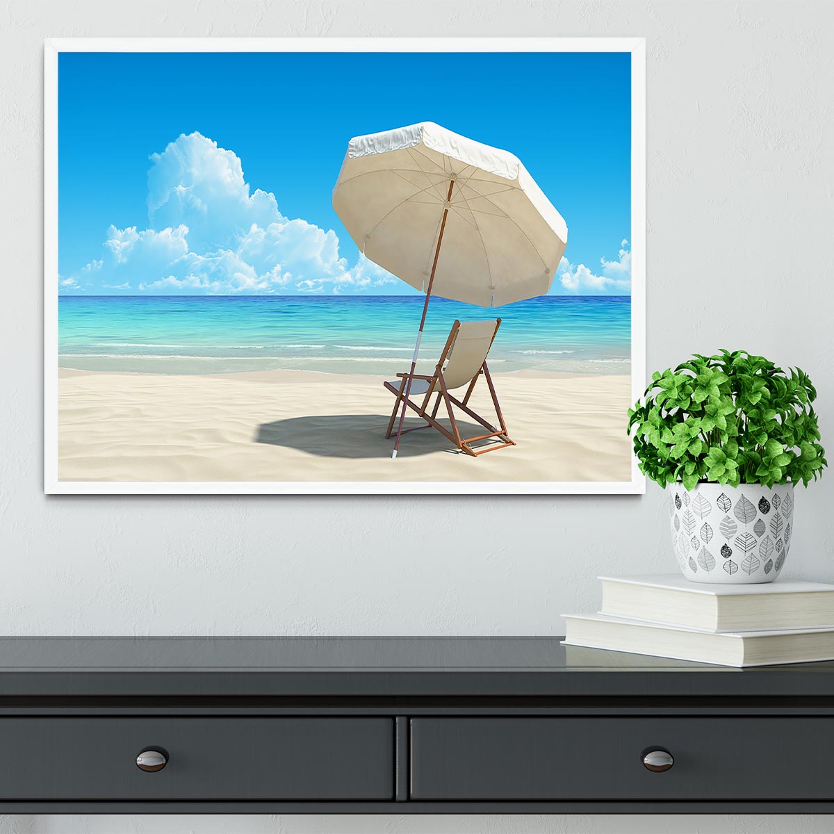 Beach chair and umbrella on idyllic tropical sand beach Framed Print - Canvas Art Rocks -6