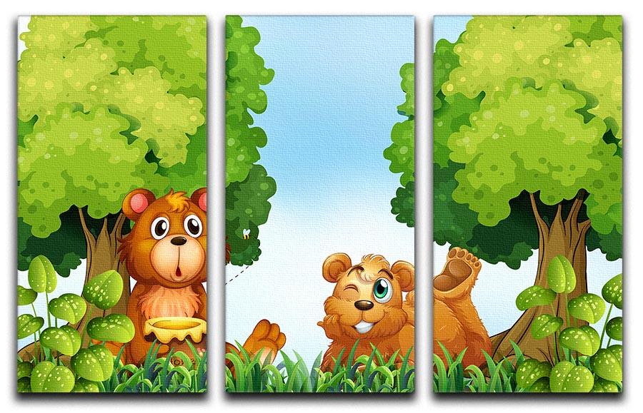 Bears and jar of honey in the forest 3 Split Panel Canvas Print - Canvas Art Rocks - 1