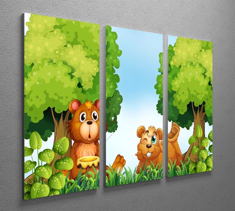 Bears and jar of honey in the forest 3 Split Panel Canvas Print - Canvas Art Rocks - 2