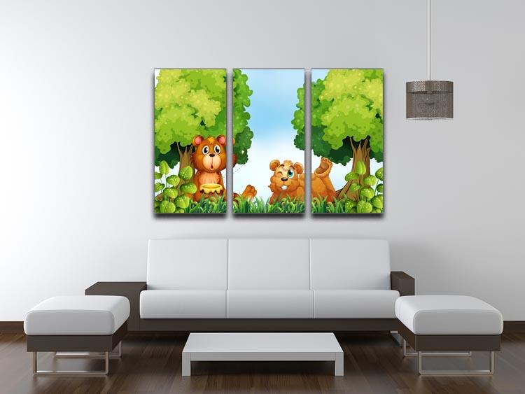 Bears and jar of honey in the forest 3 Split Panel Canvas Print - Canvas Art Rocks - 3