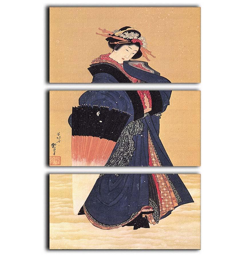 Beauty with umbrella in the snow by Hokusai 3 Split Panel Canvas Print - Canvas Art Rocks - 1