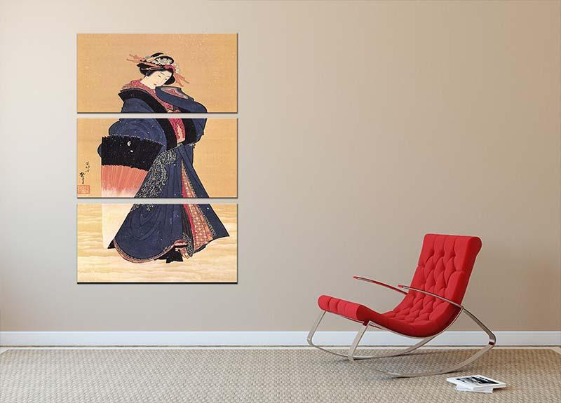 Beauty with umbrella in the snow by Hokusai 3 Split Panel Canvas Print - Canvas Art Rocks - 2