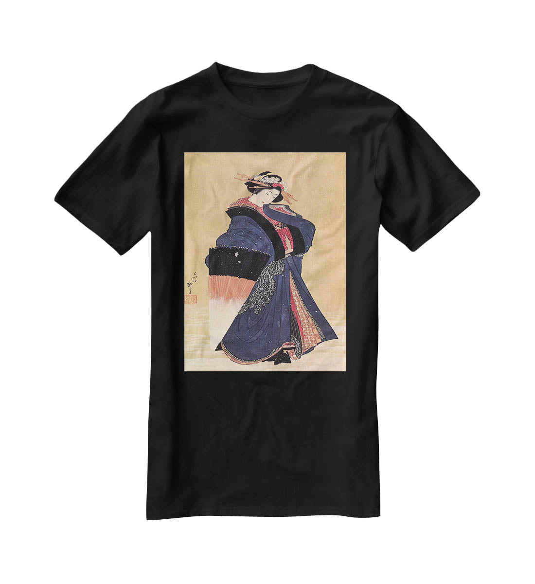 Beauty with umbrella in the snow by Hokusai T-Shirt - Canvas Art Rocks - 1