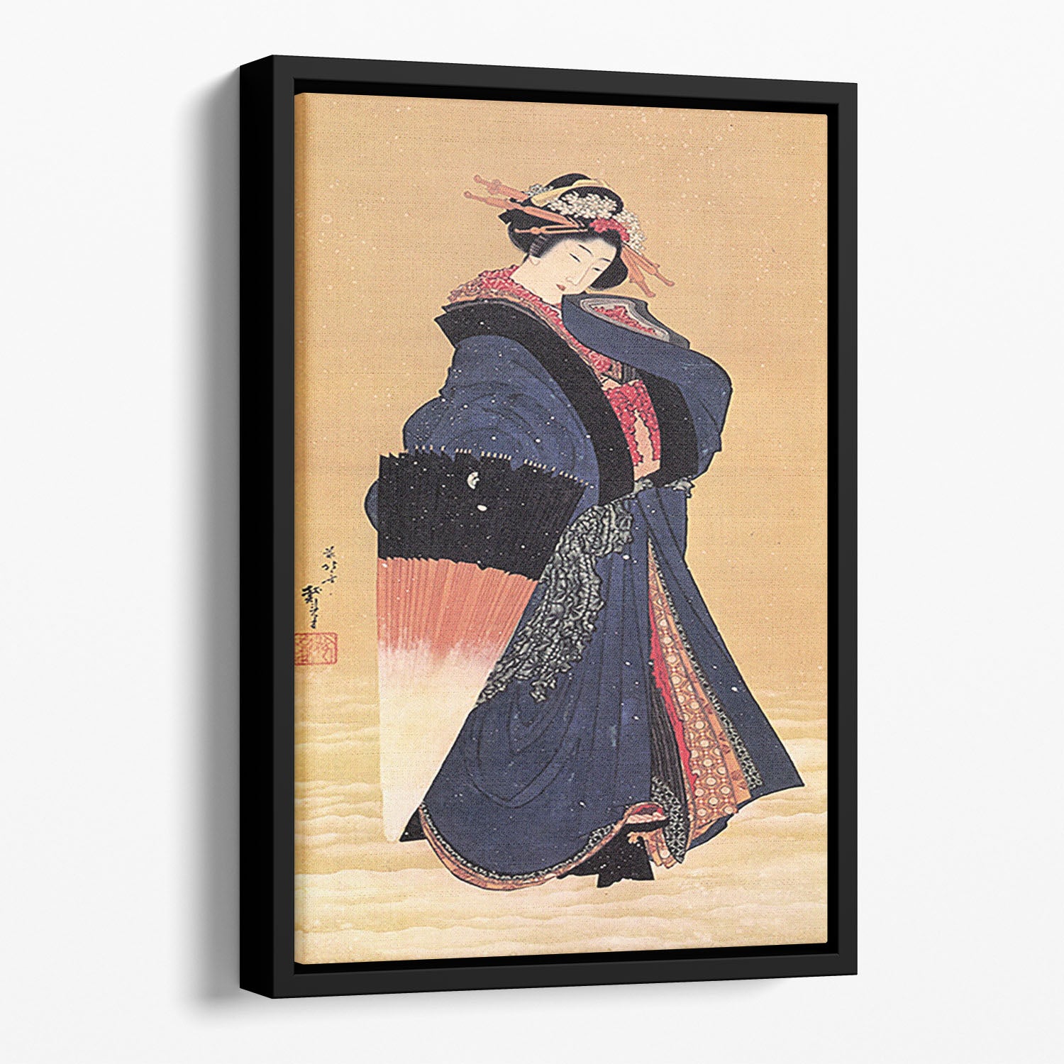 Beauty with umbrella in the snow by Hokusai Floating Framed Canvas
