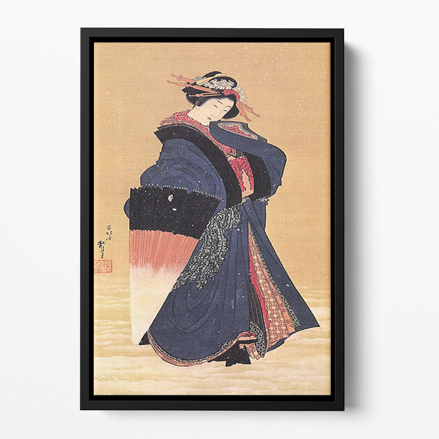 Beauty with umbrella in the snow by Hokusai Floating Framed Canvas