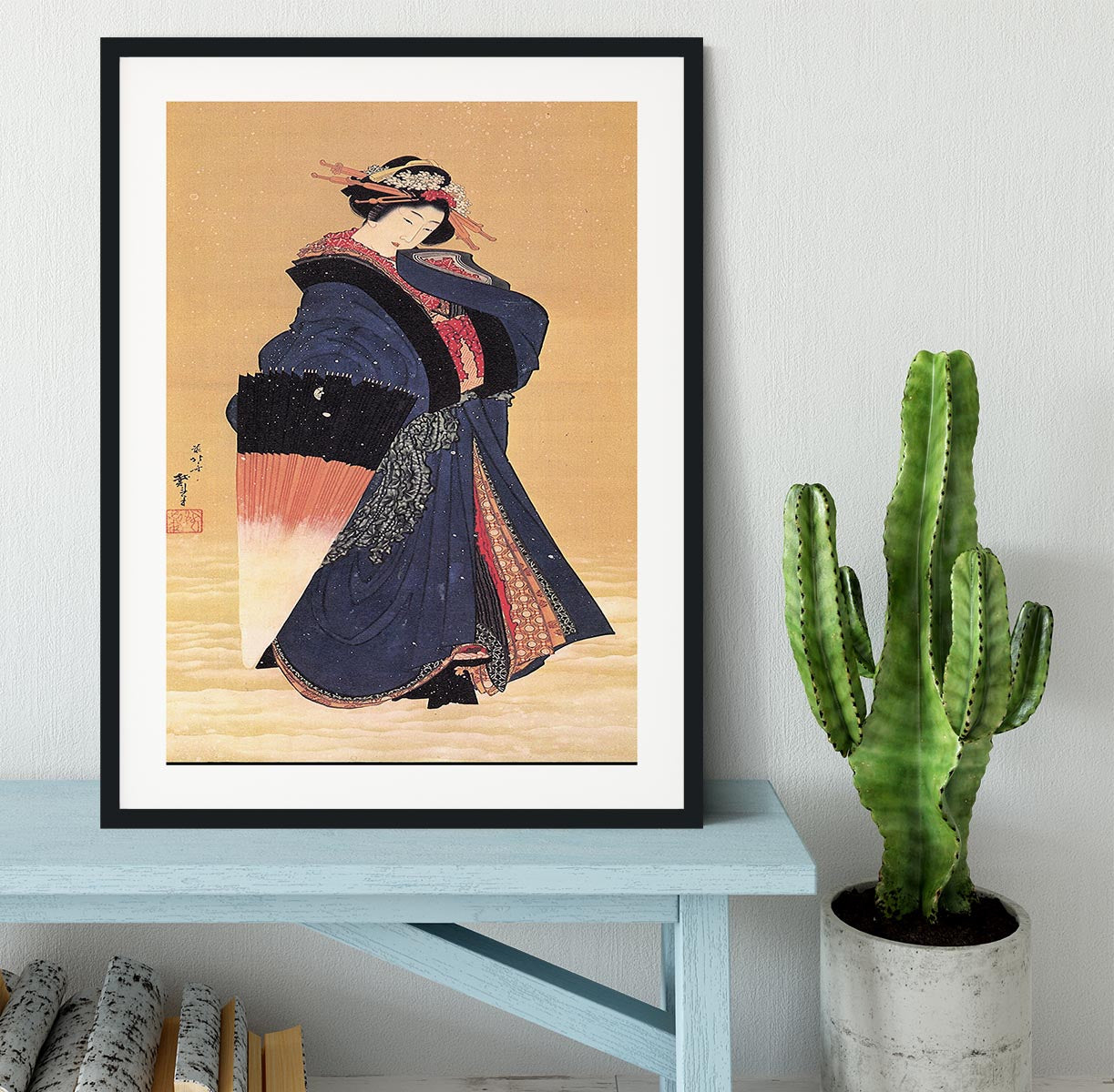 Beauty with umbrella in the snow by Hokusai Framed Print - Canvas Art Rocks - 1