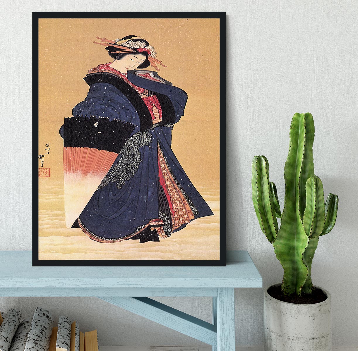Beauty with umbrella in the snow by Hokusai Framed Print - Canvas Art Rocks - 2