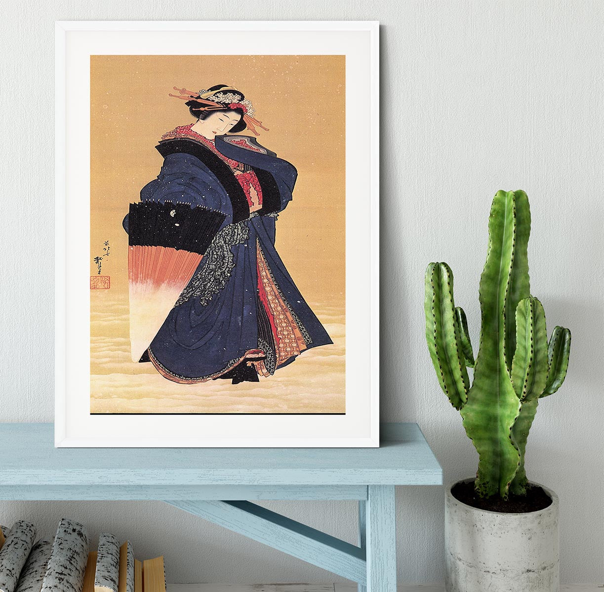 Beauty with umbrella in the snow by Hokusai Framed Print - Canvas Art Rocks - 5
