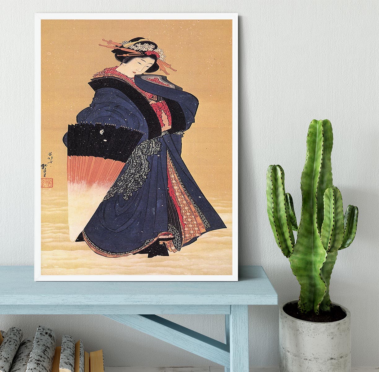 Beauty with umbrella in the snow by Hokusai Framed Print - Canvas Art Rocks -6