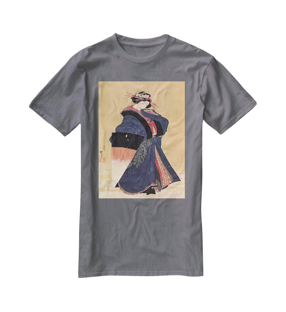 Beauty with umbrella in the snow by Hokusai T-Shirt - Canvas Art Rocks - 3
