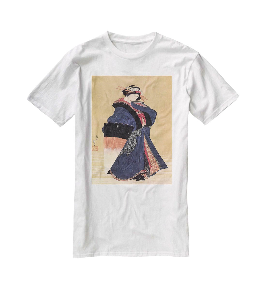 Beauty with umbrella in the snow by Hokusai T-Shirt - Canvas Art Rocks - 5