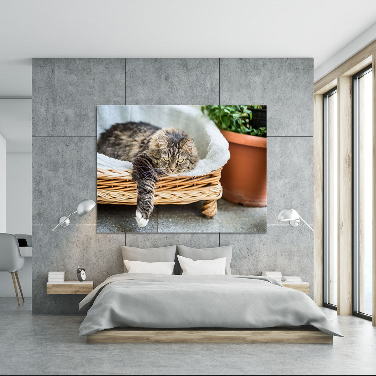Big fluffy cat lying in wicker chaise sofa couch on balcony or garden terrace with flowers pot Canvas Print or Poster - Canvas Art Rocks - 5