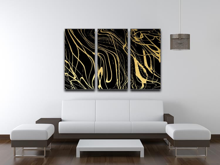 Black and Gold Swirled Abstract 3 Split Panel Canvas Print - Canvas Art Rocks - 3