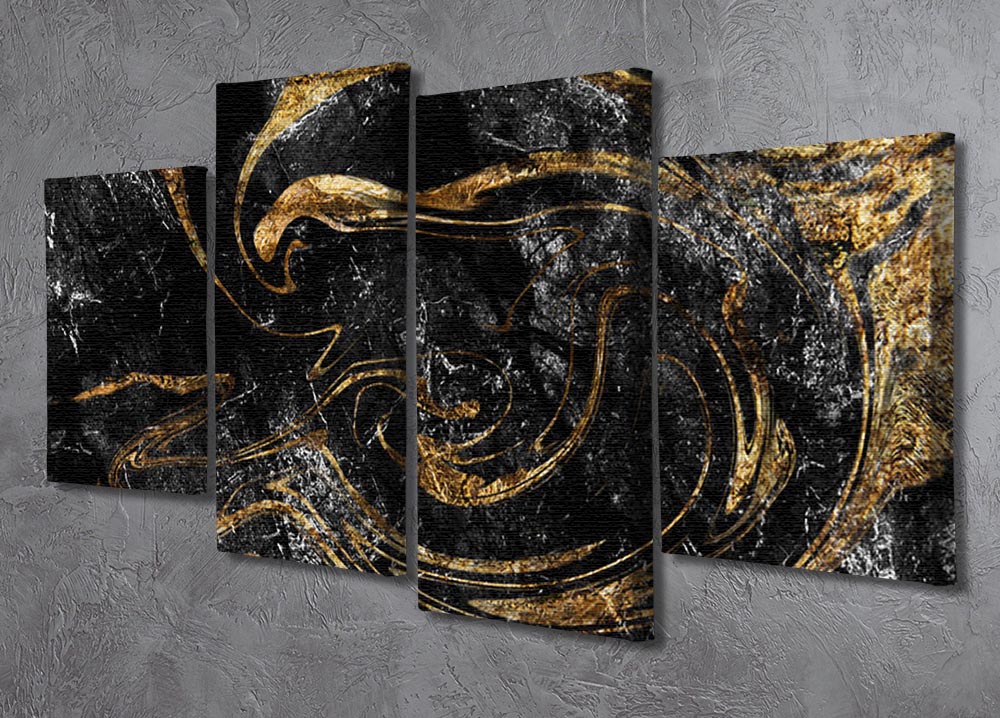 Black and Gold Swirled Marble 4 Split Panel Canvas - Canvas Art Rocks - 2