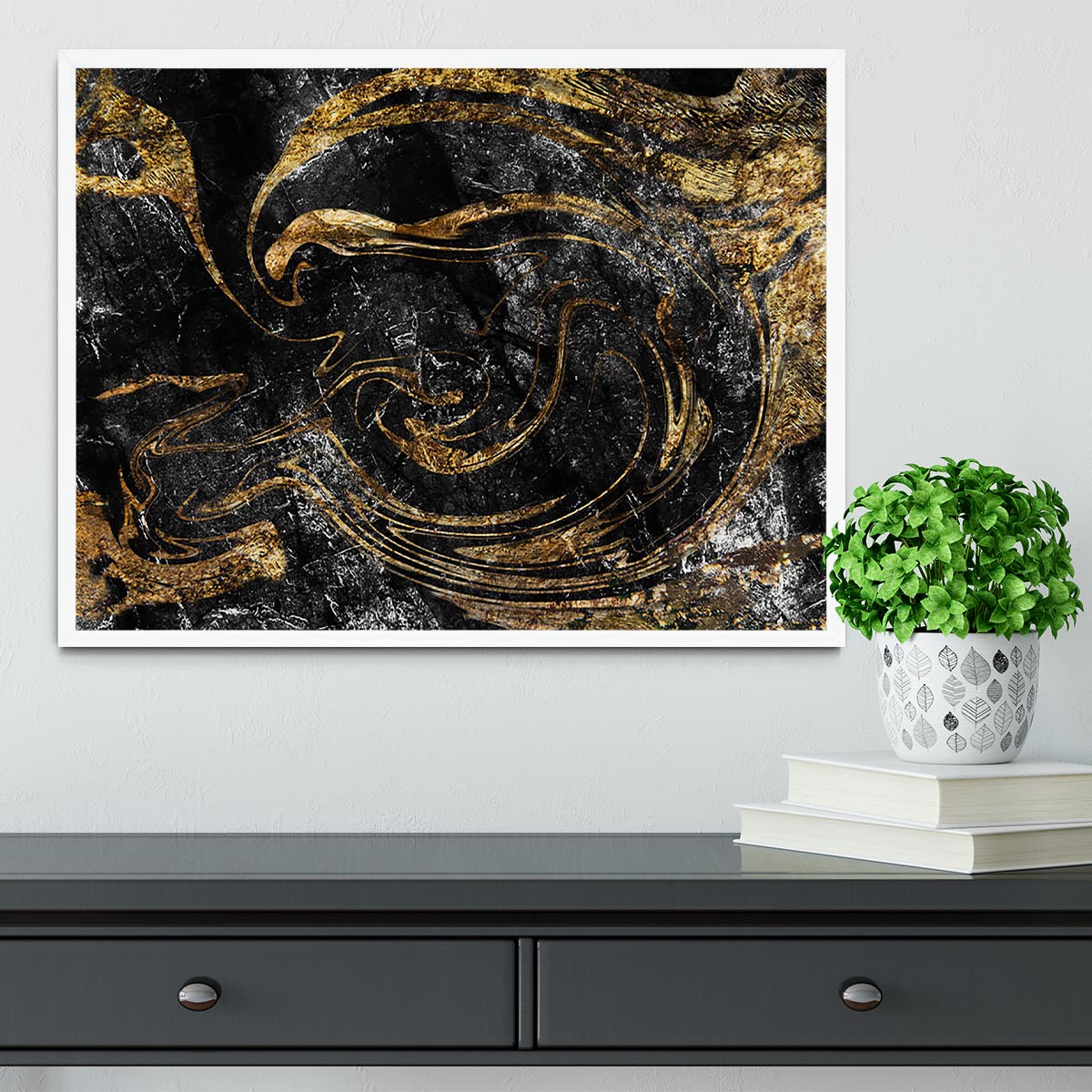 Black and Gold Swirled Marble Framed Print - Canvas Art Rocks -6
