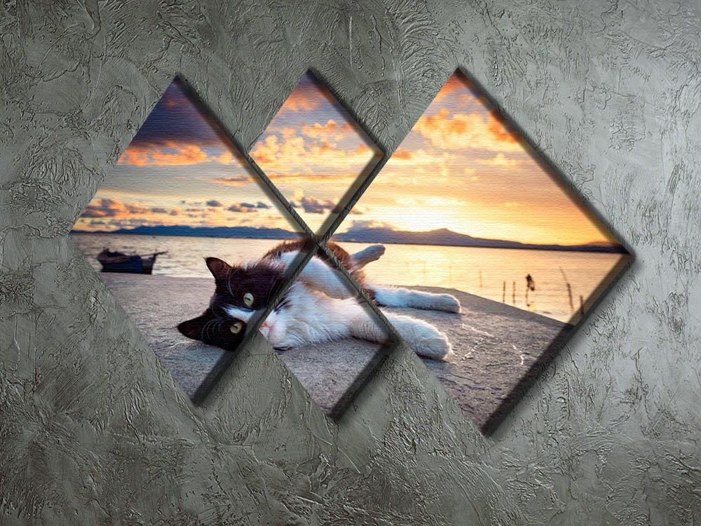 Black and white cat lying under a dramatic sunset 4 Square Multi Panel Canvas - Canvas Art Rocks - 2