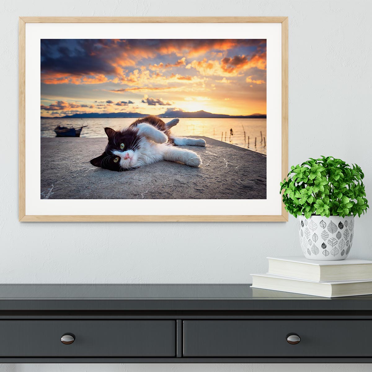 Black and white cat lying under a dramatic sunset Framed Print - Canvas Art Rocks - 3