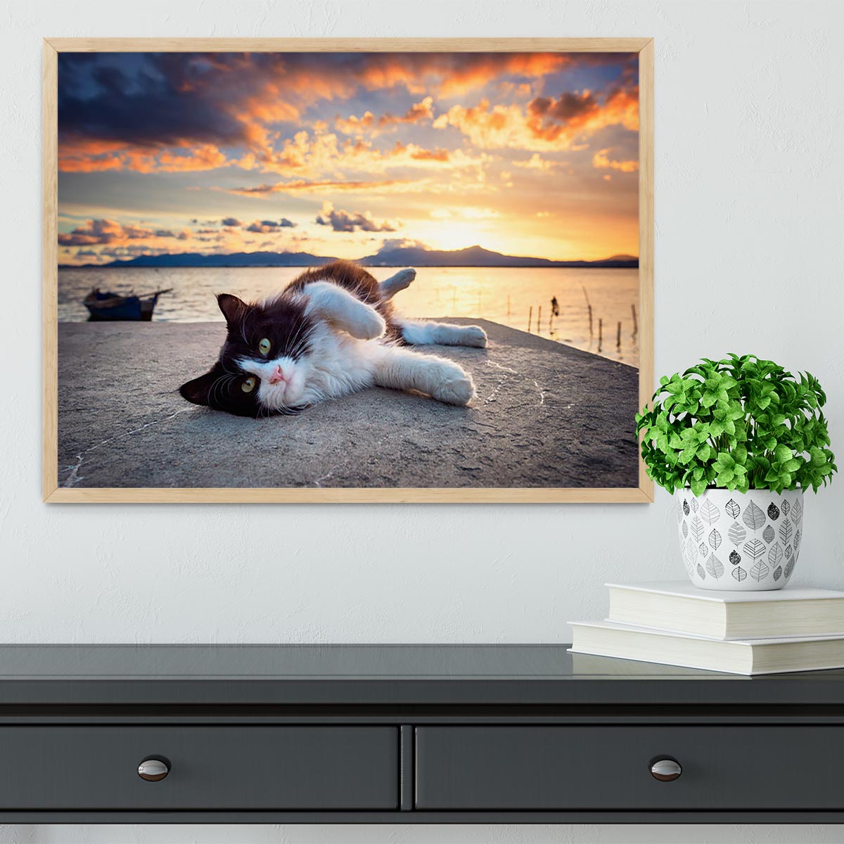 Black and white cat lying under a dramatic sunset Framed Print - Canvas Art Rocks - 4