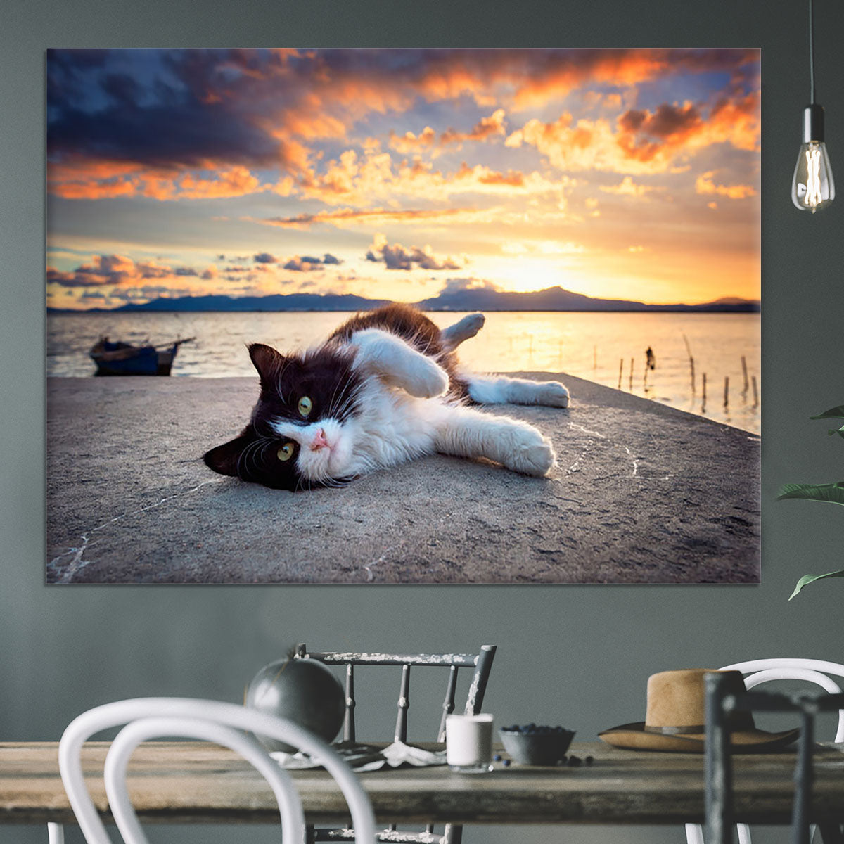 Black and white cat lying under a dramatic sunset on the lagoon Canvas Print or Poster - Canvas Art Rocks - 3