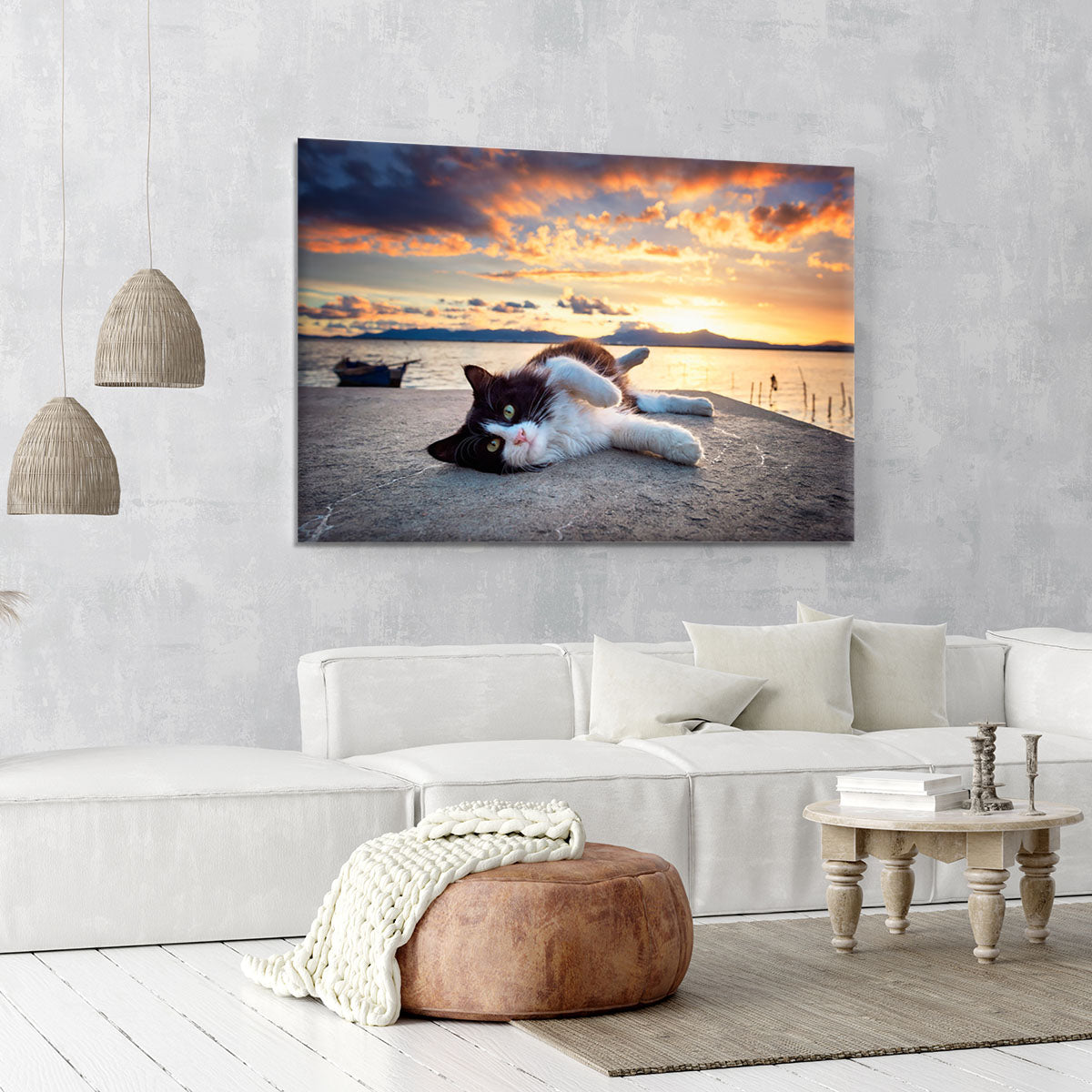 Black and white cat lying under a dramatic sunset on the lagoon Canvas Print or Poster - Canvas Art Rocks - 6