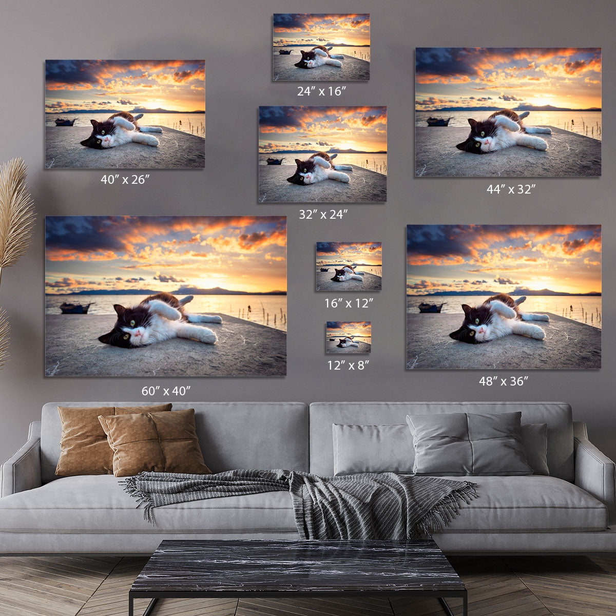 Black and white cat lying under a dramatic sunset on the lagoon Canvas Print or Poster - Canvas Art Rocks - 7
