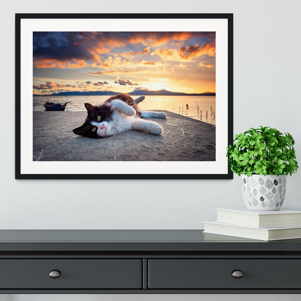 Black and white cat lying under a dramatic sunset on the lagoon Framed Print - Canvas Art Rocks - 1
