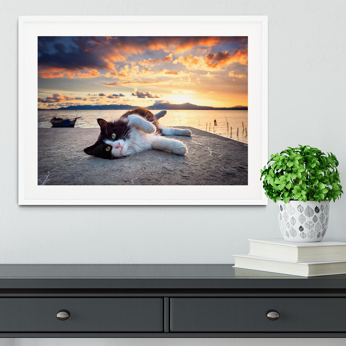 Black and white cat lying under a dramatic sunset on the lagoon Framed Print - Canvas Art Rocks - 5
