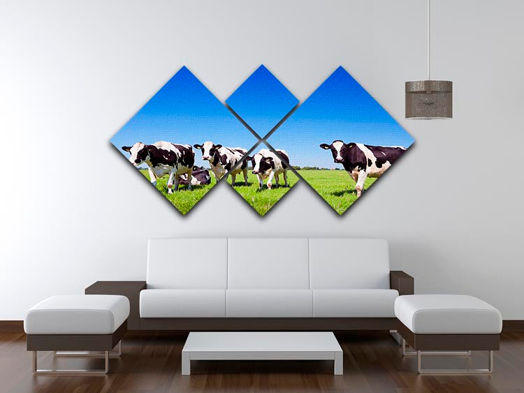 Black and white cows in a grassy field 4 Square Multi Panel Canvas - Canvas Art Rocks - 3