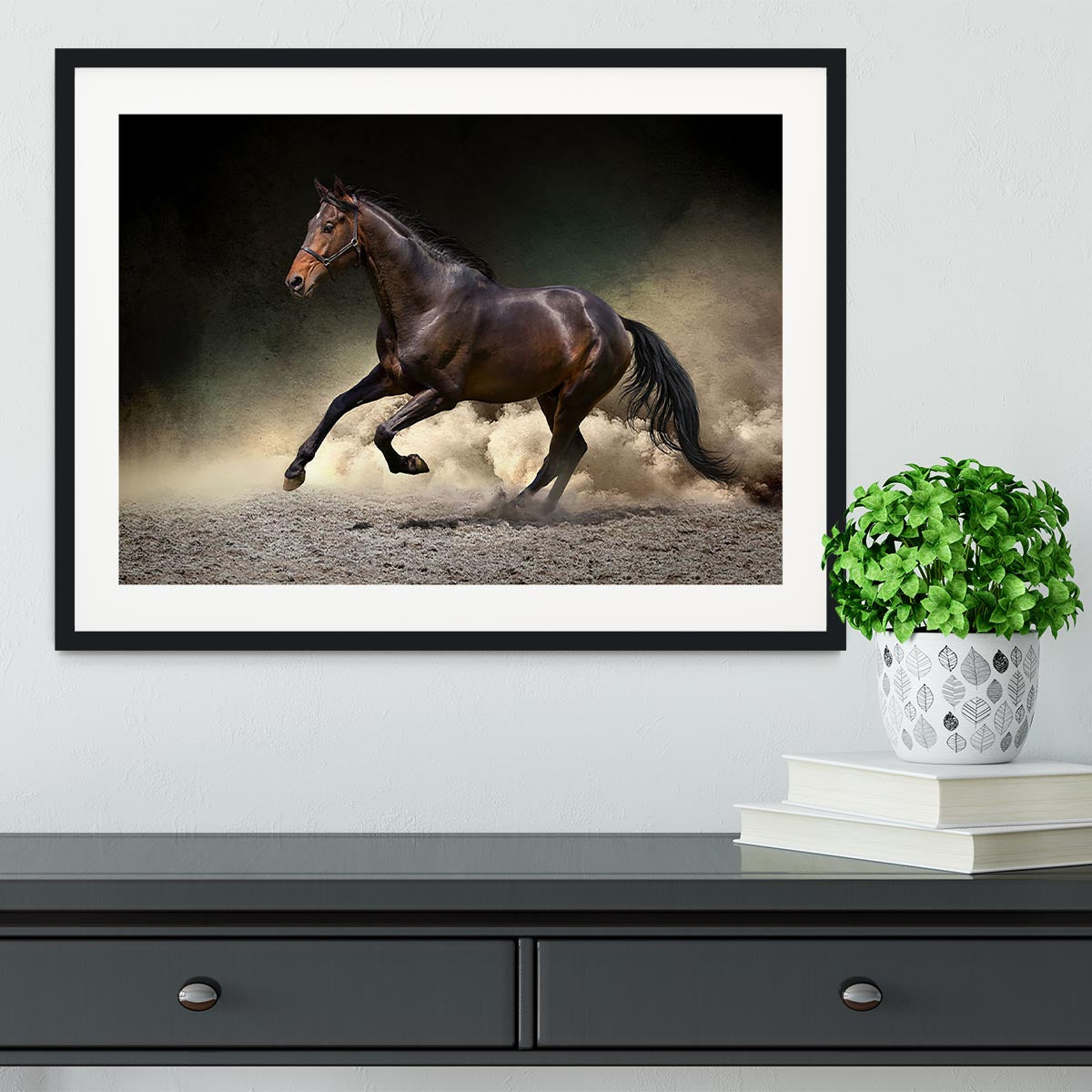 Black horse run gallop in dust desert Framed Print - Canvas Art Rocks - 1