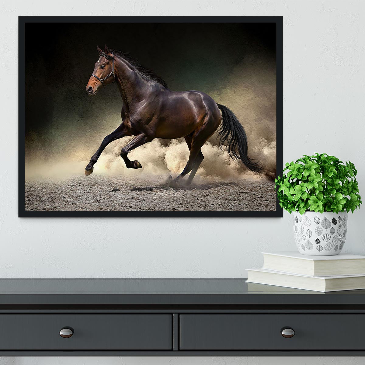 Black horse run gallop in dust desert Framed Print - Canvas Art Rocks - 2