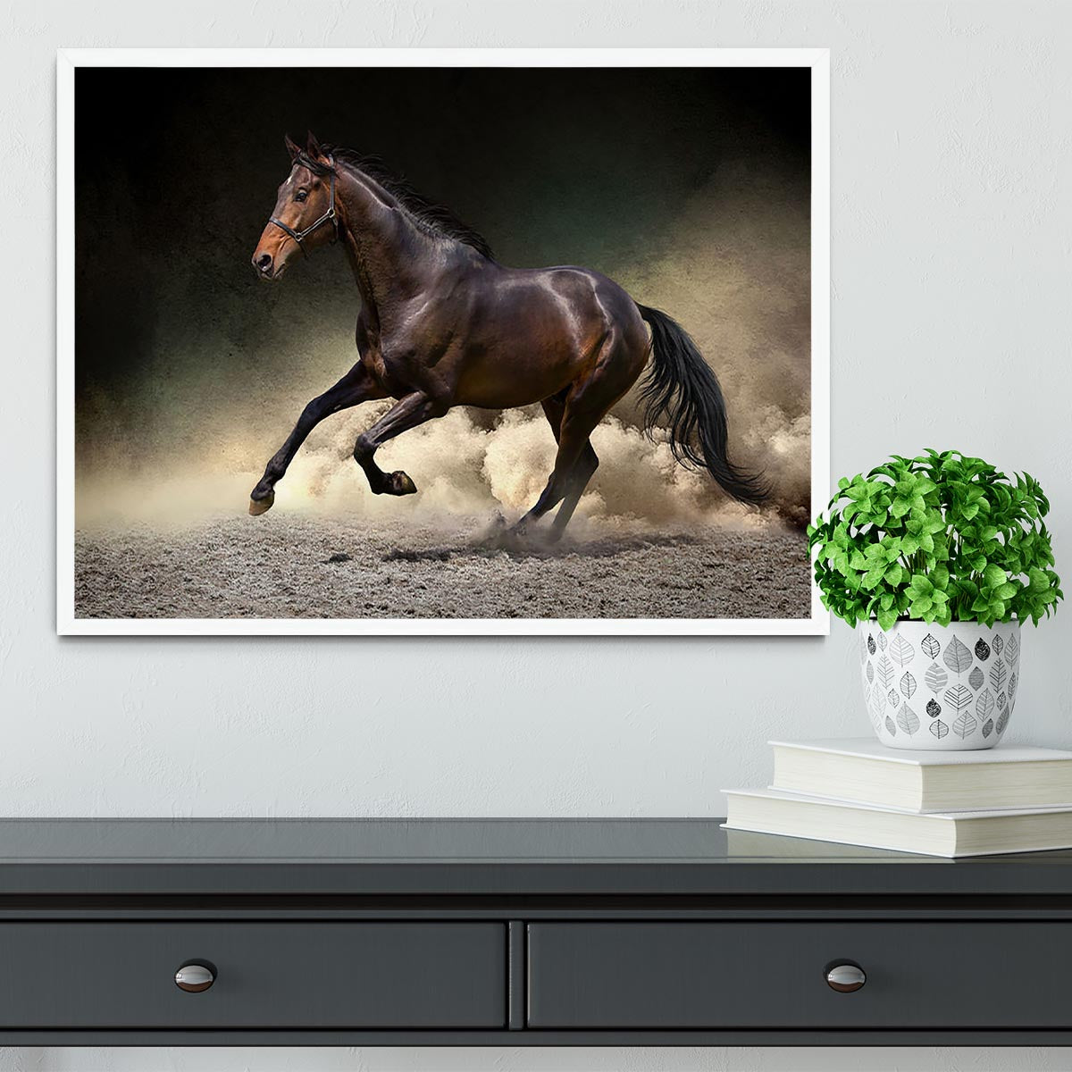 Black horse run gallop in dust desert Framed Print - Canvas Art Rocks -6