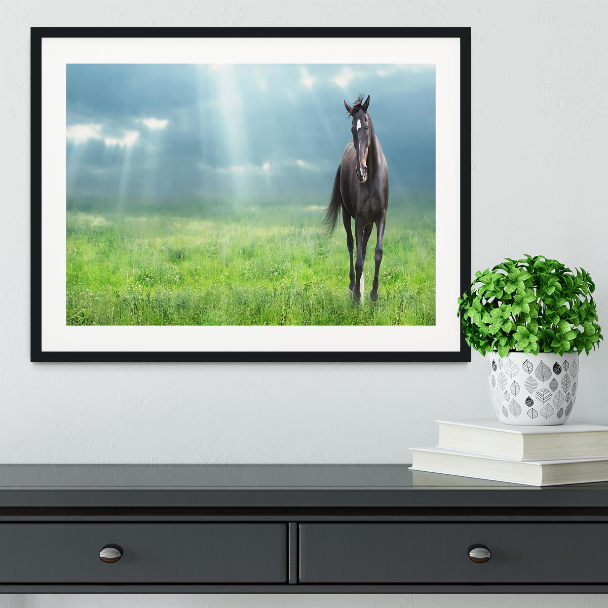 Black horse running Framed Print - Canvas Art Rocks - 1