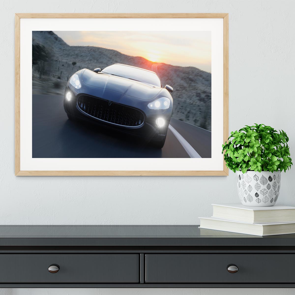 Black sport car on road Framed Print - Canvas Art Rocks - 3