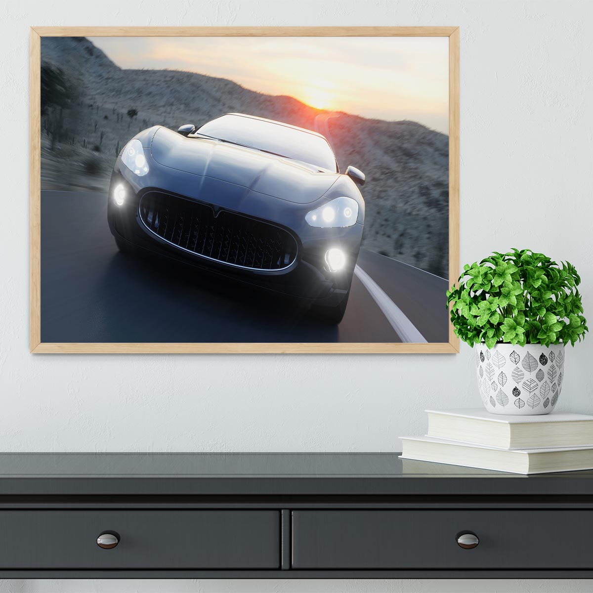 Black sport car on road Framed Print - Canvas Art Rocks - 4
