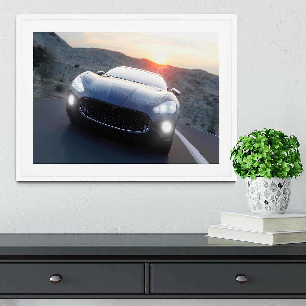 Black sport car on road Framed Print - Canvas Art Rocks - 5