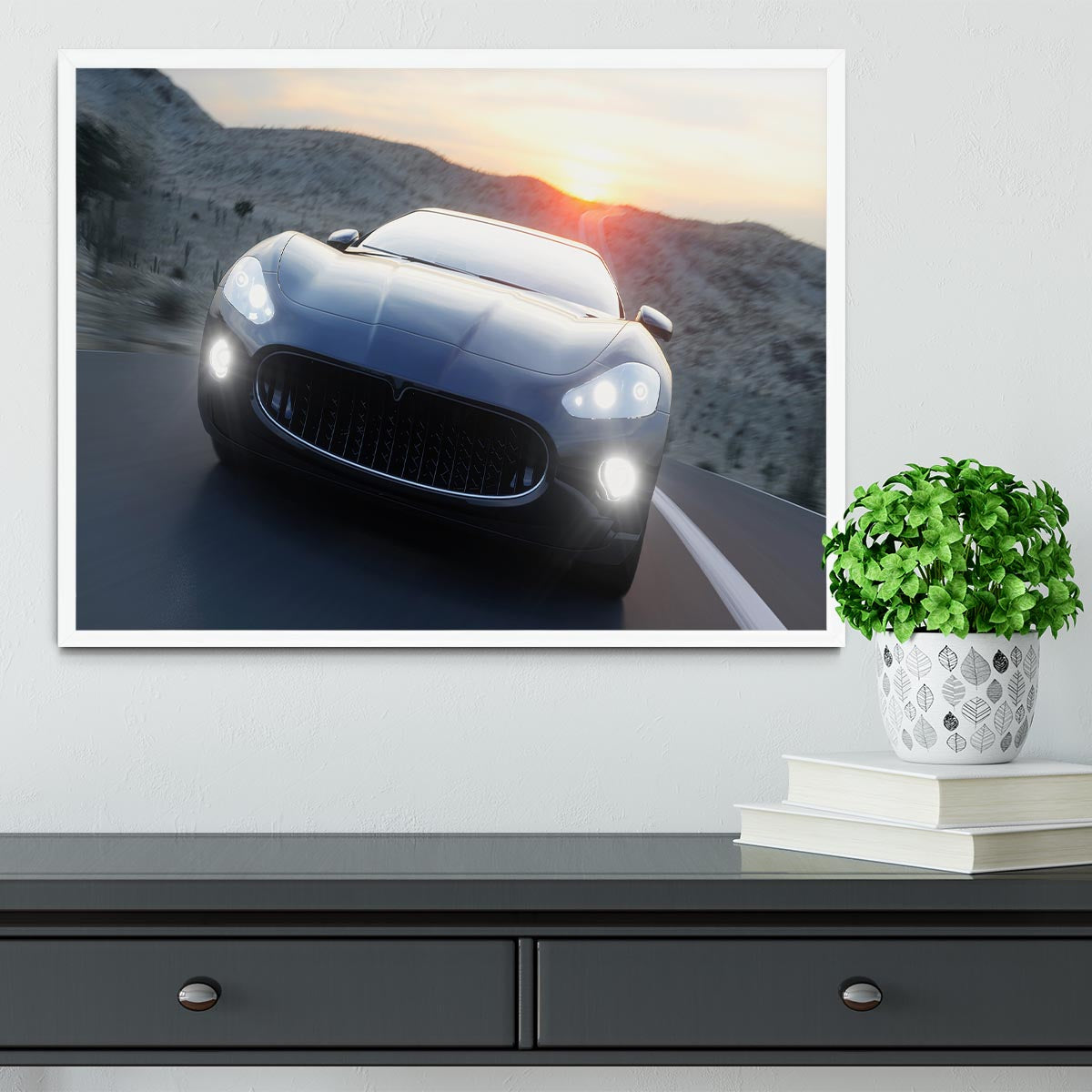 Black sport car on road Framed Print - Canvas Art Rocks -6