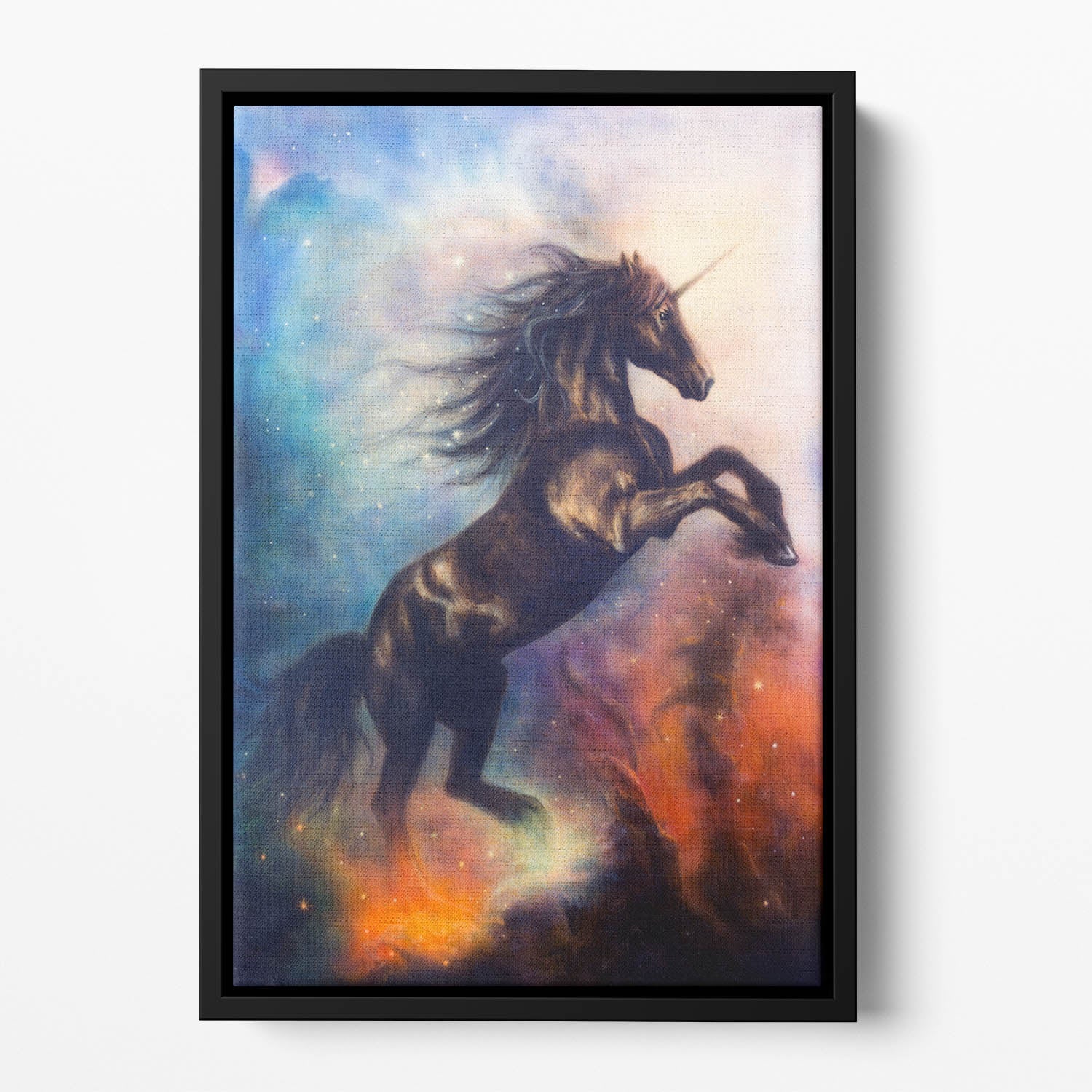 Black unicorn dancing in space Floating Framed Canvas