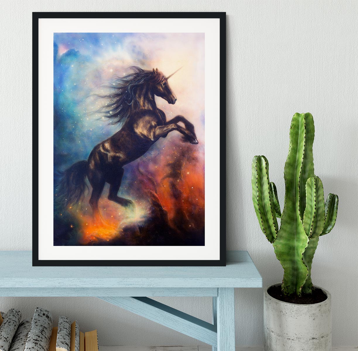 Black unicorn dancing in space Framed Print - Canvas Art Rocks - 1