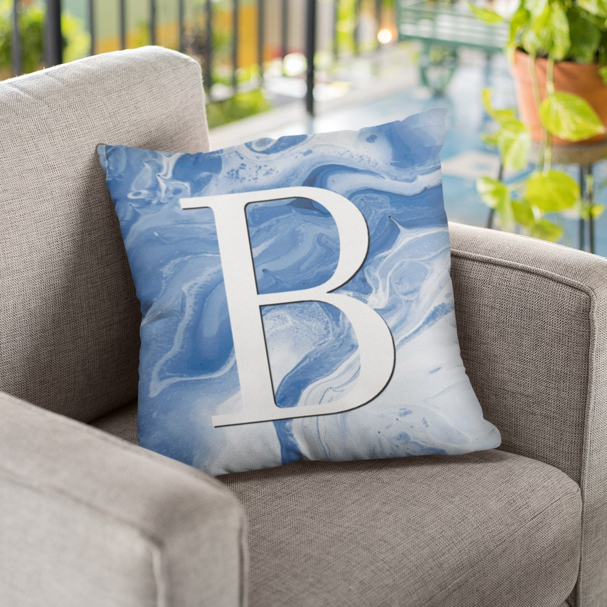 Blue Marble Monogram Cushion - Linen