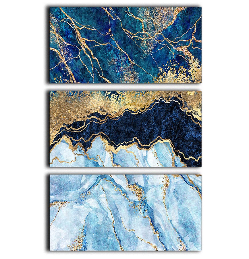 Blue and Gold Layered Marble 3 Split Panel Canvas Print - Canvas Art Rocks - 1