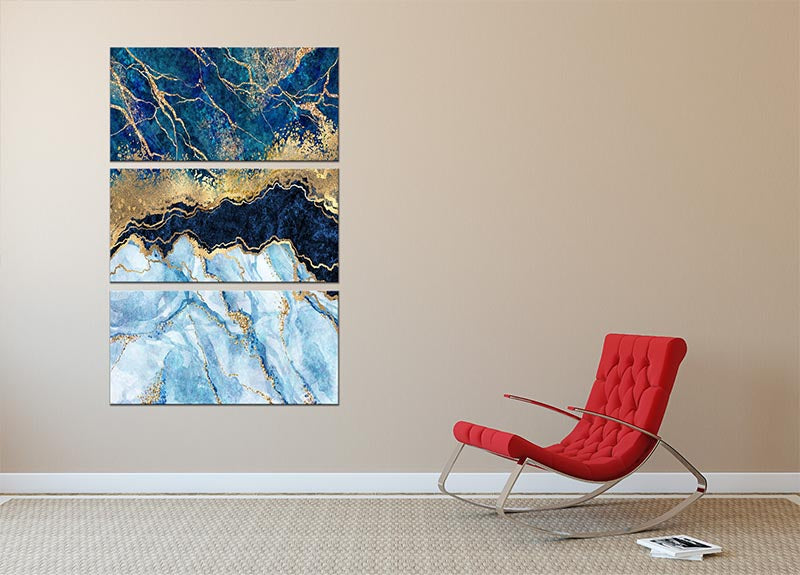 Blue and Gold Layered Marble 3 Split Panel Canvas Print - Canvas Art Rocks - 2