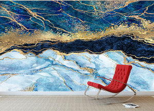 Blue and Gold Layered Marble Wall Mural Wallpaper - Canvas Art Rocks - 2
