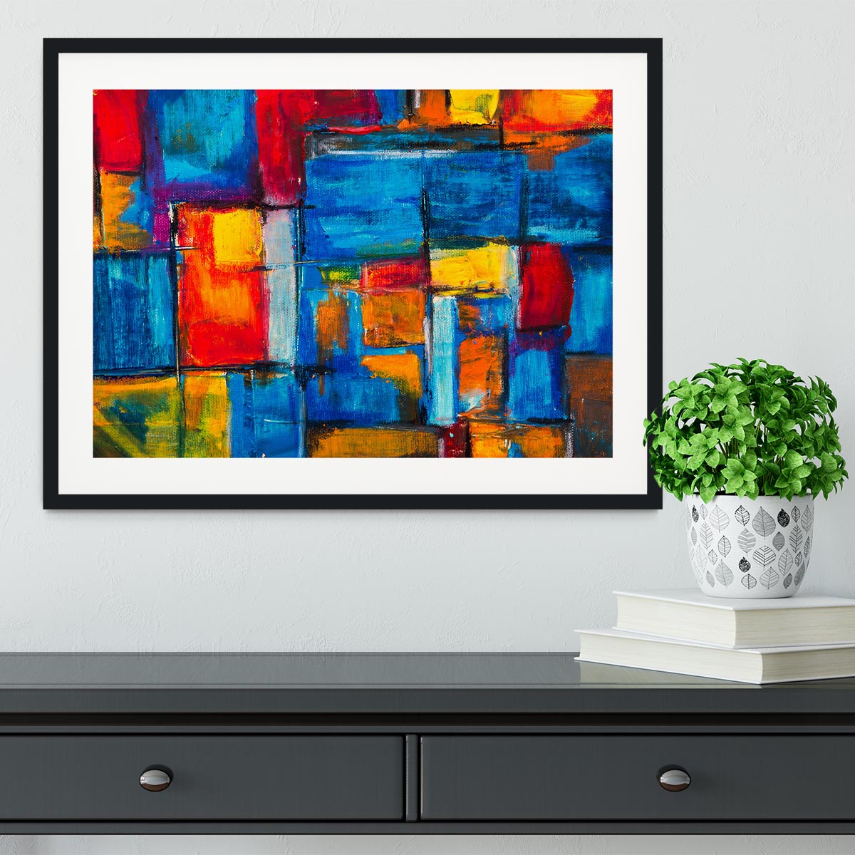 Blue and Red Square Abstract Painting Framed Print - Canvas Art Rocks - 1