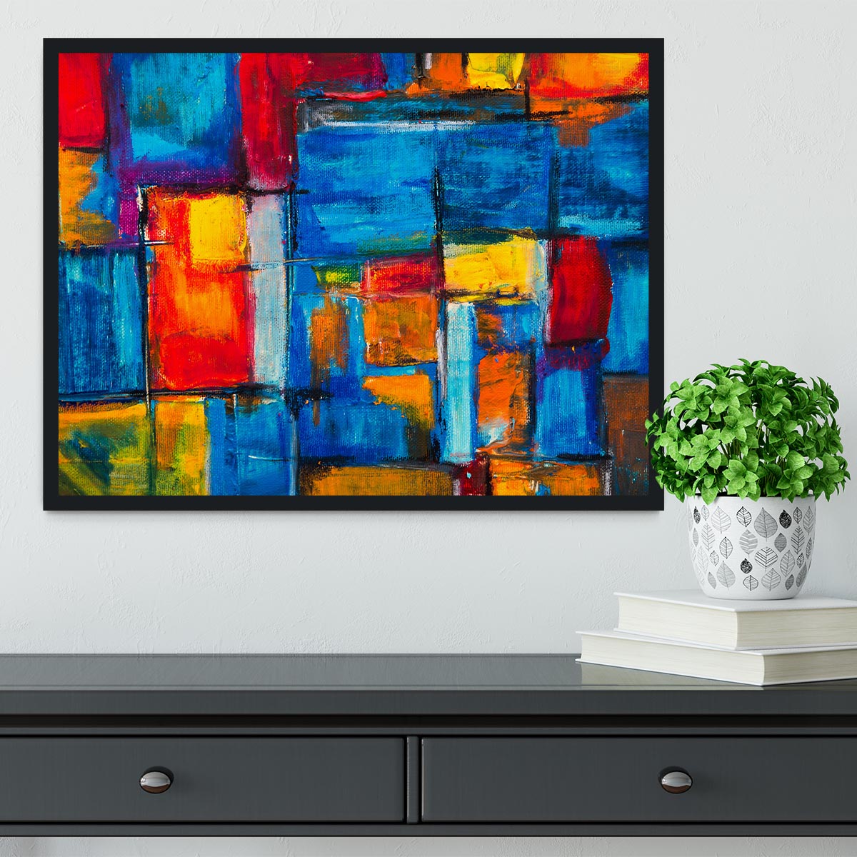 Blue and Red Square Abstract Painting Framed Print - Canvas Art Rocks - 2
