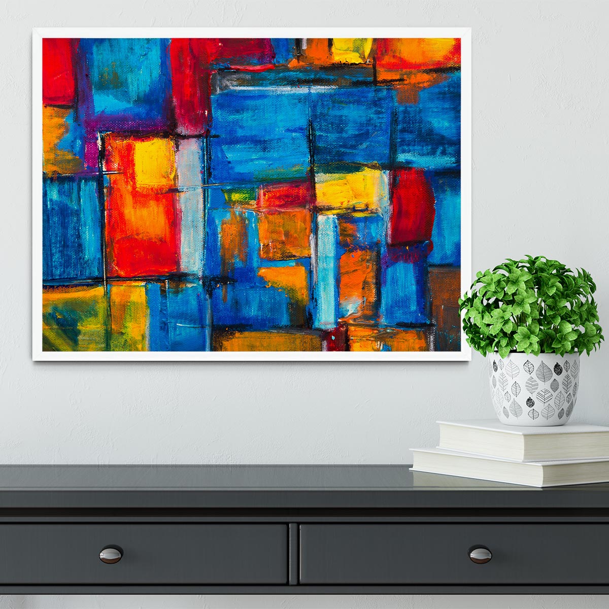 Blue and Red Square Abstract Painting Framed Print - Canvas Art Rocks -6