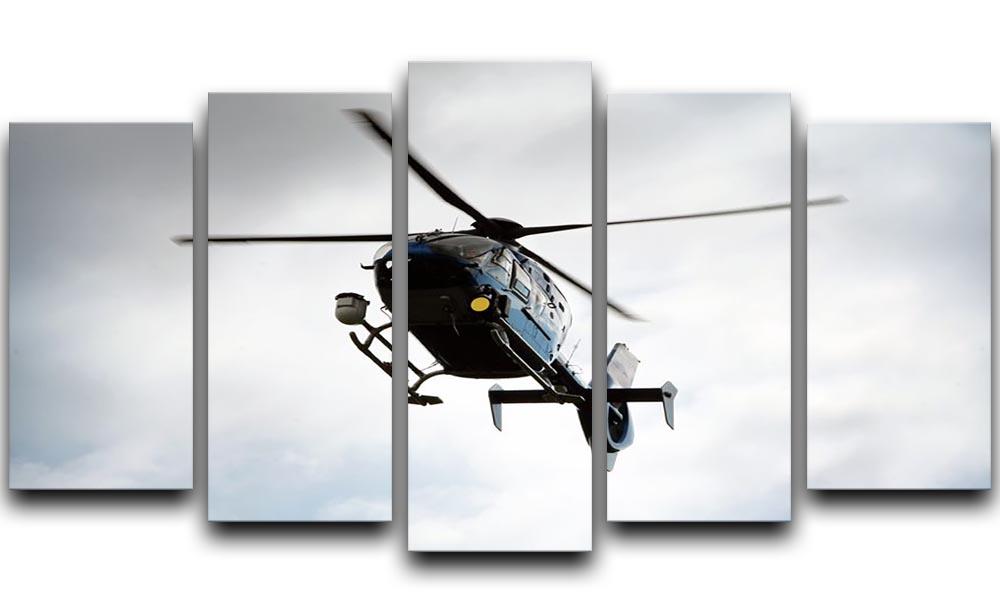 Blue and silver police helicopter flying above 5 Split Panel Canvas  - Canvas Art Rocks - 1