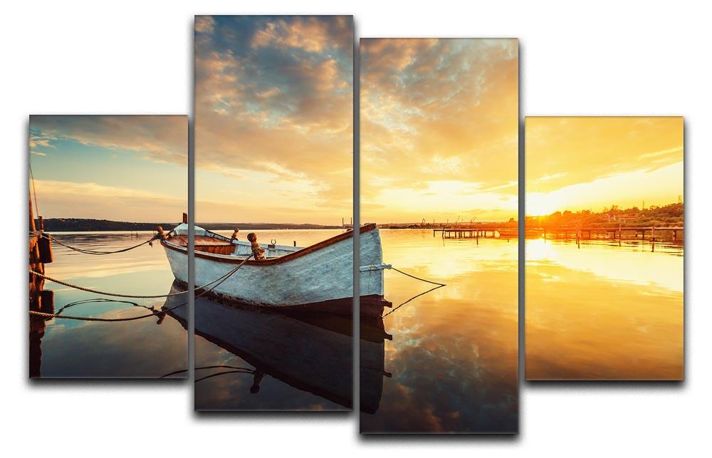 Boat on lake with a reflection 4 Split Panel Canvas  - Canvas Art Rocks - 1