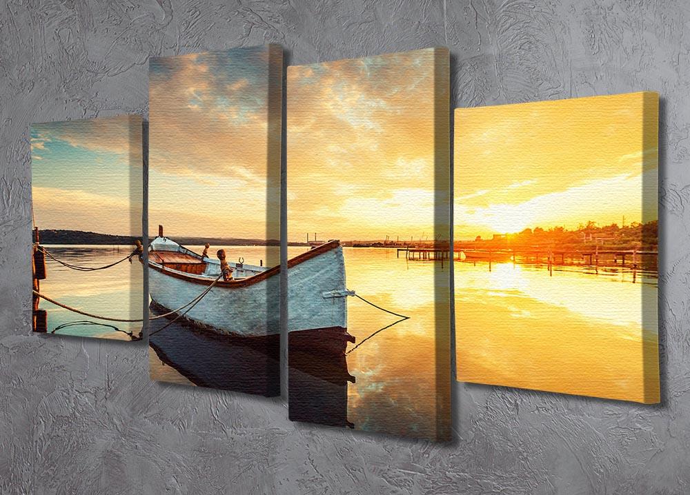 Boat on lake with a reflection 4 Split Panel Canvas  - Canvas Art Rocks - 2