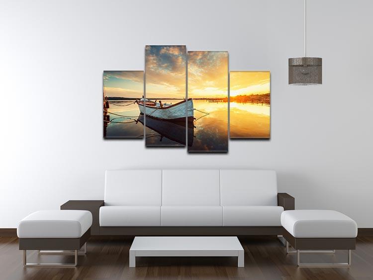 Boat on lake with a reflection 4 Split Panel Canvas  - Canvas Art Rocks - 3